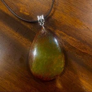 Fire Dragon Agate Teardrop Pendant on Waxed Necklace w/ Lobster Claw Clasp